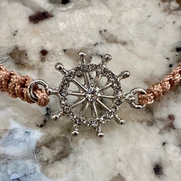 Nautical Braided Cord Bracelet with Crystals Tan Adjustable - Picture 2 of 4